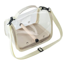 A clear mesh portable pet travel bag with a stand and light beige strap.