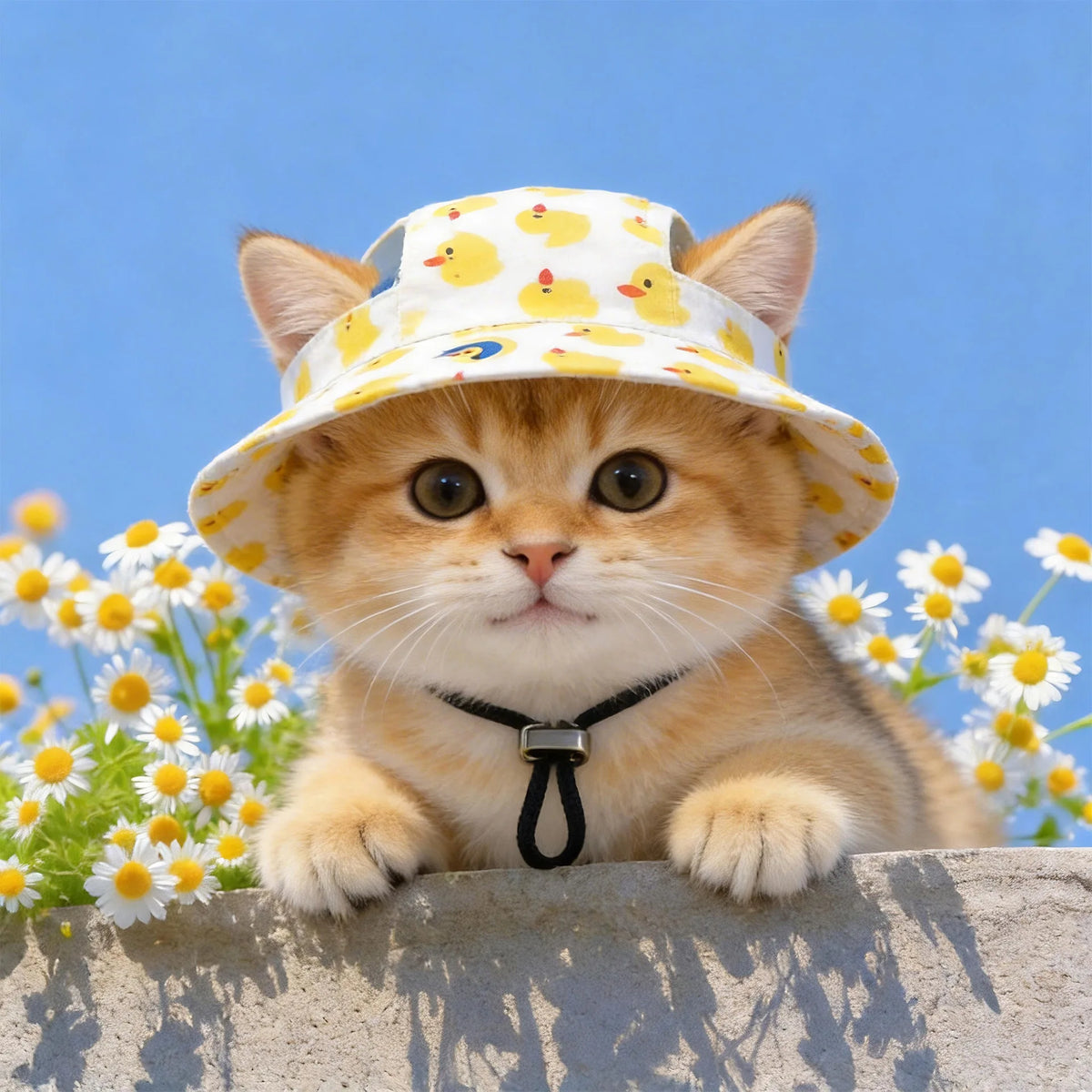 A fluffy orange tabby kitten wearing a yellow duck print pet cap, looking directly at the camera.