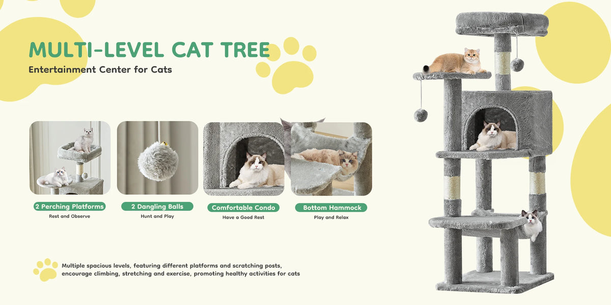 A multi-level cat tree made of sisal rope featuring perching platforms, dangling balls, a condo, and a hammock.
