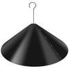 A black baffle guard with a hook, designed to prevent squirrels from accessing a feeder.