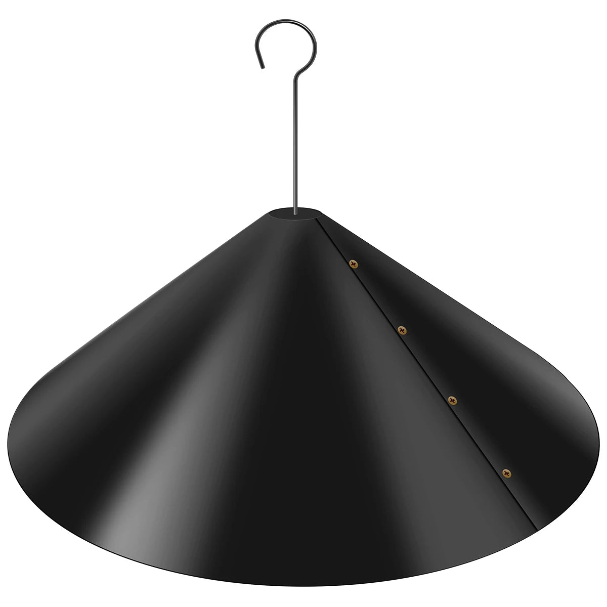 A black baffle guard with a hook, designed to prevent squirrels from accessing a feeder.