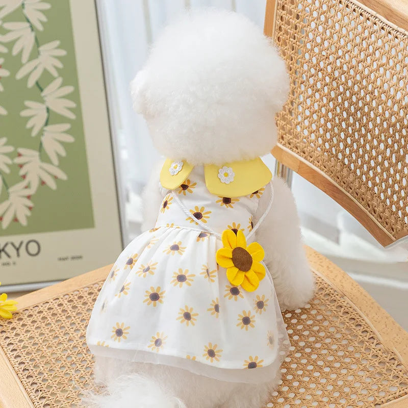 Un perro blanco y esponjoso vistiendo un vestido floral de malla amarilla, sentado sobre una bandeja tejida.