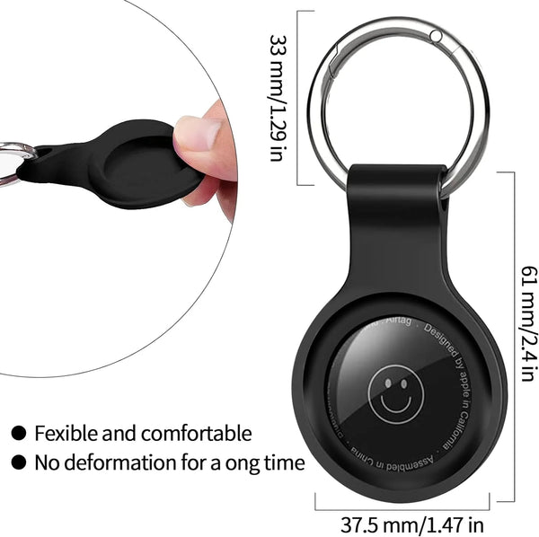 Black silicone protective cover for an AirTag with a keyring attachment.