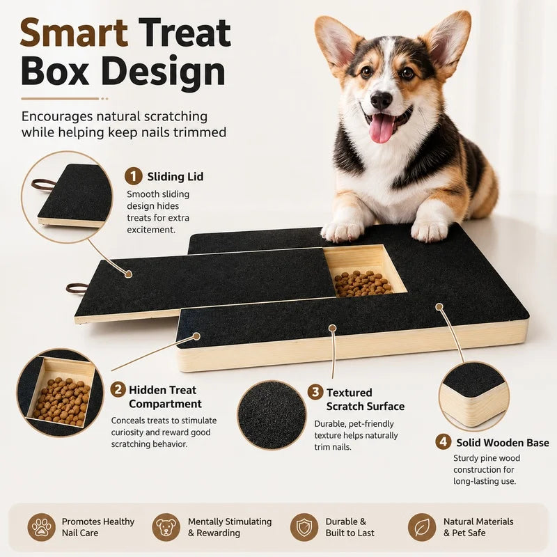 A brown and white dog is sitting on a black wooden board designed for natural nail scratching and treats.
