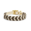 A beige woven dog collar with gold hardware and a reflective safety feature.