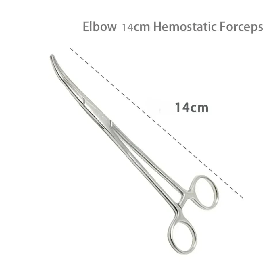 Stainless steel elbow hemostatic forceps shown in a close-up view