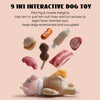 A collection of nine dog toys including a pilot pig, food-themed toys, and a large stuffed dog chew toy.