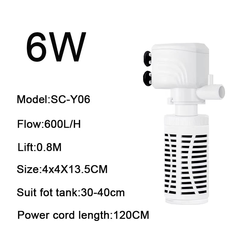White submersible aquarium filter pump with air pump and wave maker