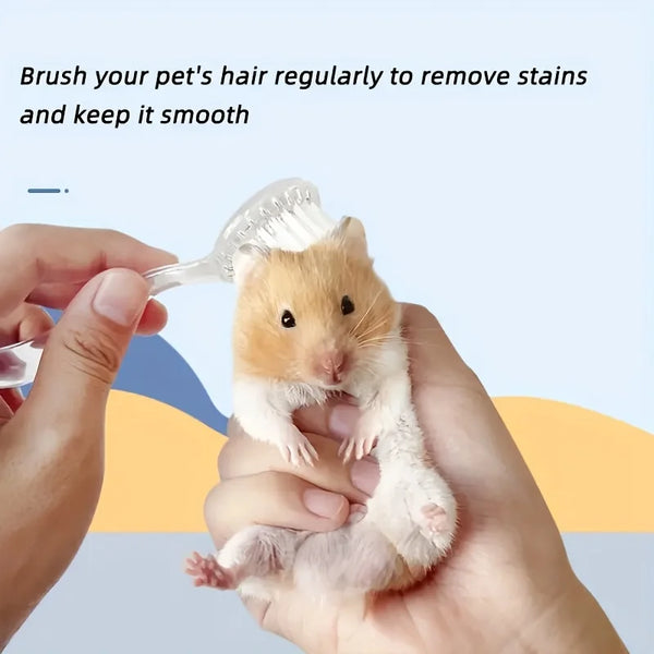 A hand is brushing the fur of a small brown hamster with a soft grooming brush.