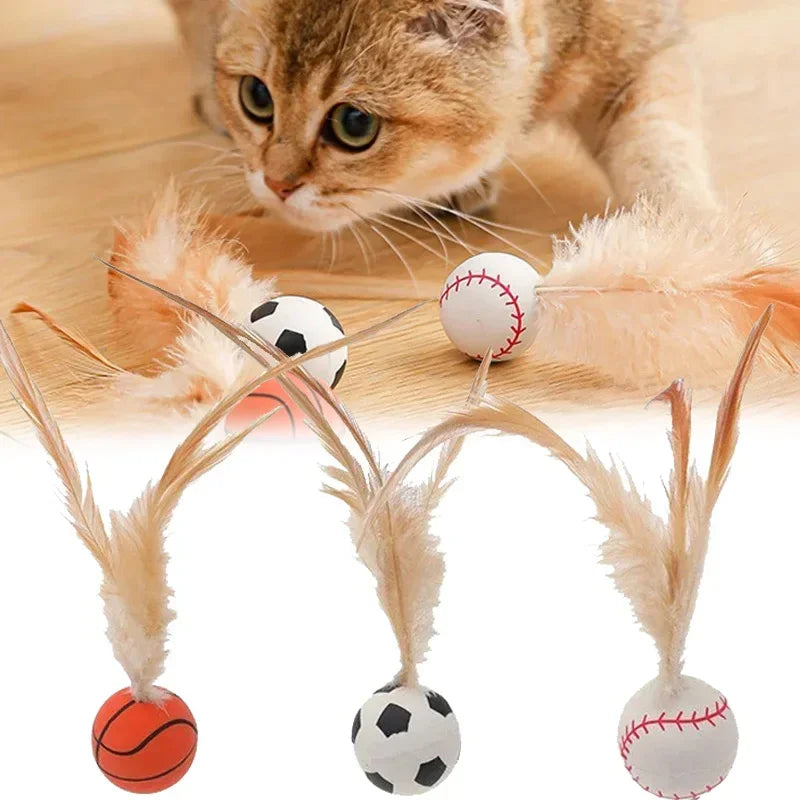 Interactive cat ball with feathers for hunting fun featuring an orange ball, a black and white ball, and a red and white ball