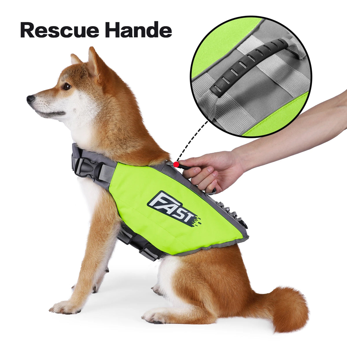 A brown dog wearing a neon yellow rescue handle life jacket with a black strap and reflective stripes.