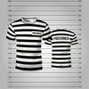 A black and white striped short-sleeved t-shirt with the word PRISONER printed on the back.