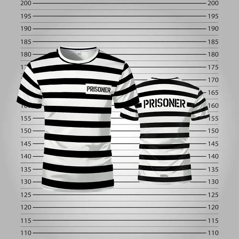 A black and white striped short-sleeved t-shirt with the word PRISONER printed on the back.