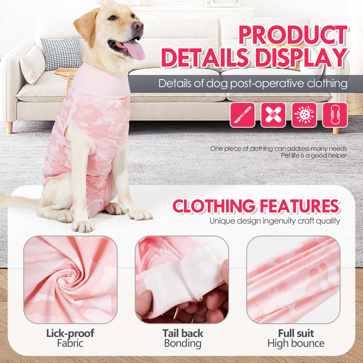 Pink dog post-operative clothing featuring lick-proof fabric, tail back bonding, and high bounce suit.