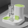 A white automatic pet feeder and water dispenser with a lime green top and feeding tray.