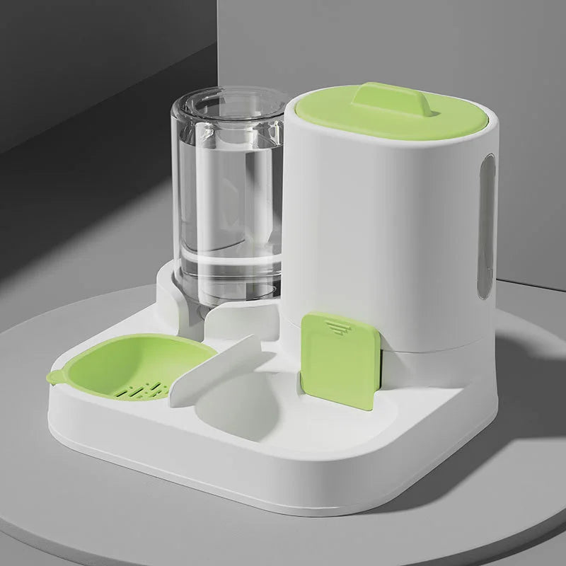 A white automatic pet feeder and water dispenser with a lime green top and feeding tray.