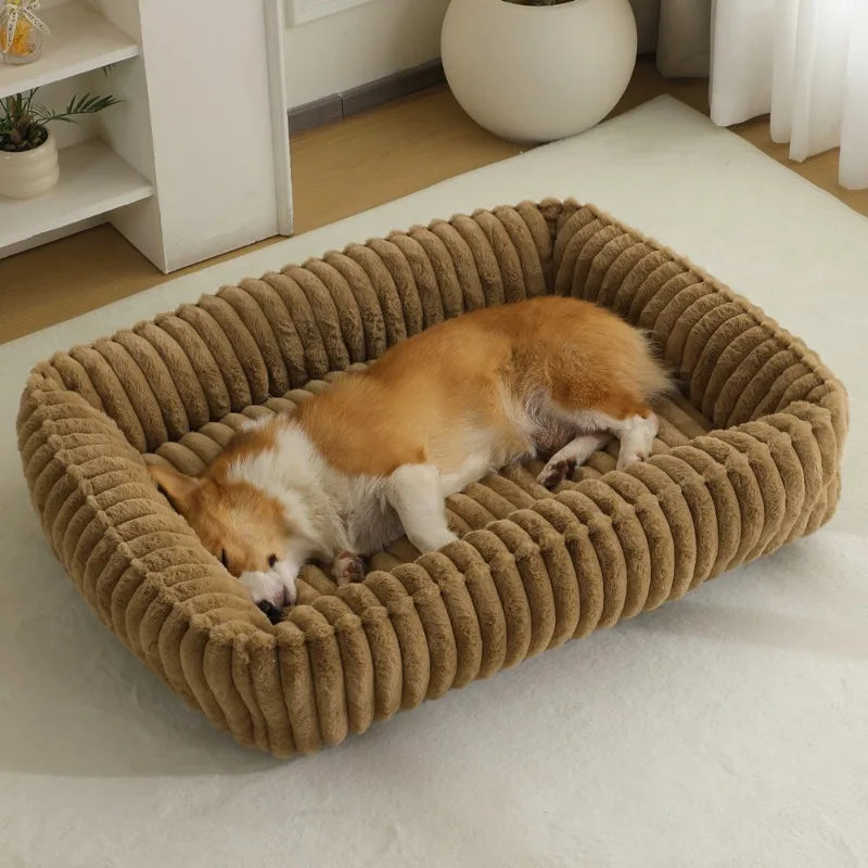 Un chien orange et blanc duveteux se détend dans un lit en peluche marron à côtes sur une surface blanche.