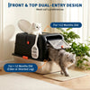A black and silver dual-entry litter box for cats shown with a kitten and an adult cat, demonstrating suitability for differe
