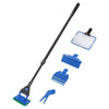 A black cleaning tool set for aquariums includes a long wand, a scraper, a brush, and a skimmer.