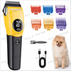 A yellow professional pet hair clipper with a black body, various attachments, and a fluffy dog.