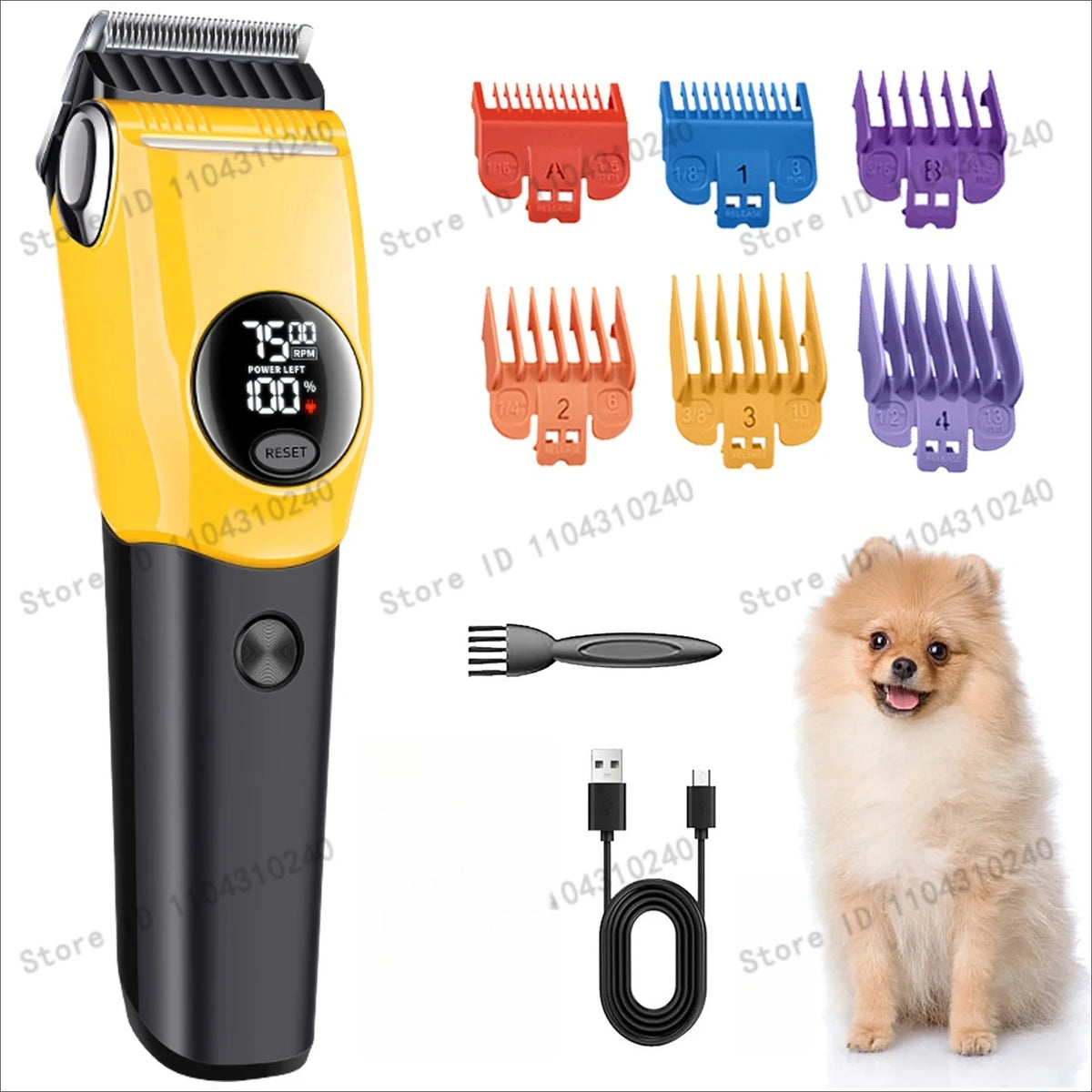 A yellow professional pet hair clipper with a black body, various attachments, and a fluffy dog.