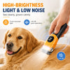 A hand holds an orange cordless pet grooming clipper with an LED light, demonstrating high-brightness light and low noise ope