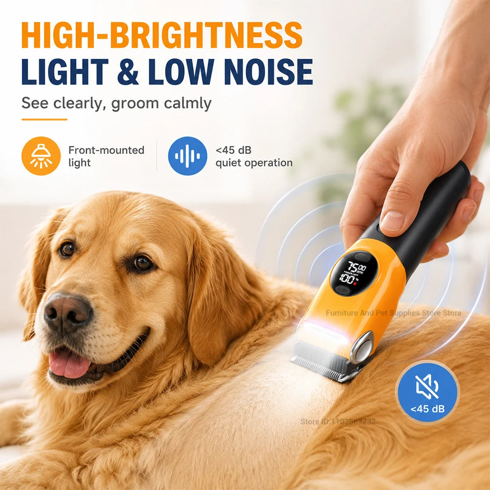 A hand holds an orange cordless pet grooming clipper with an LED light, demonstrating high-brightness light and low noise ope