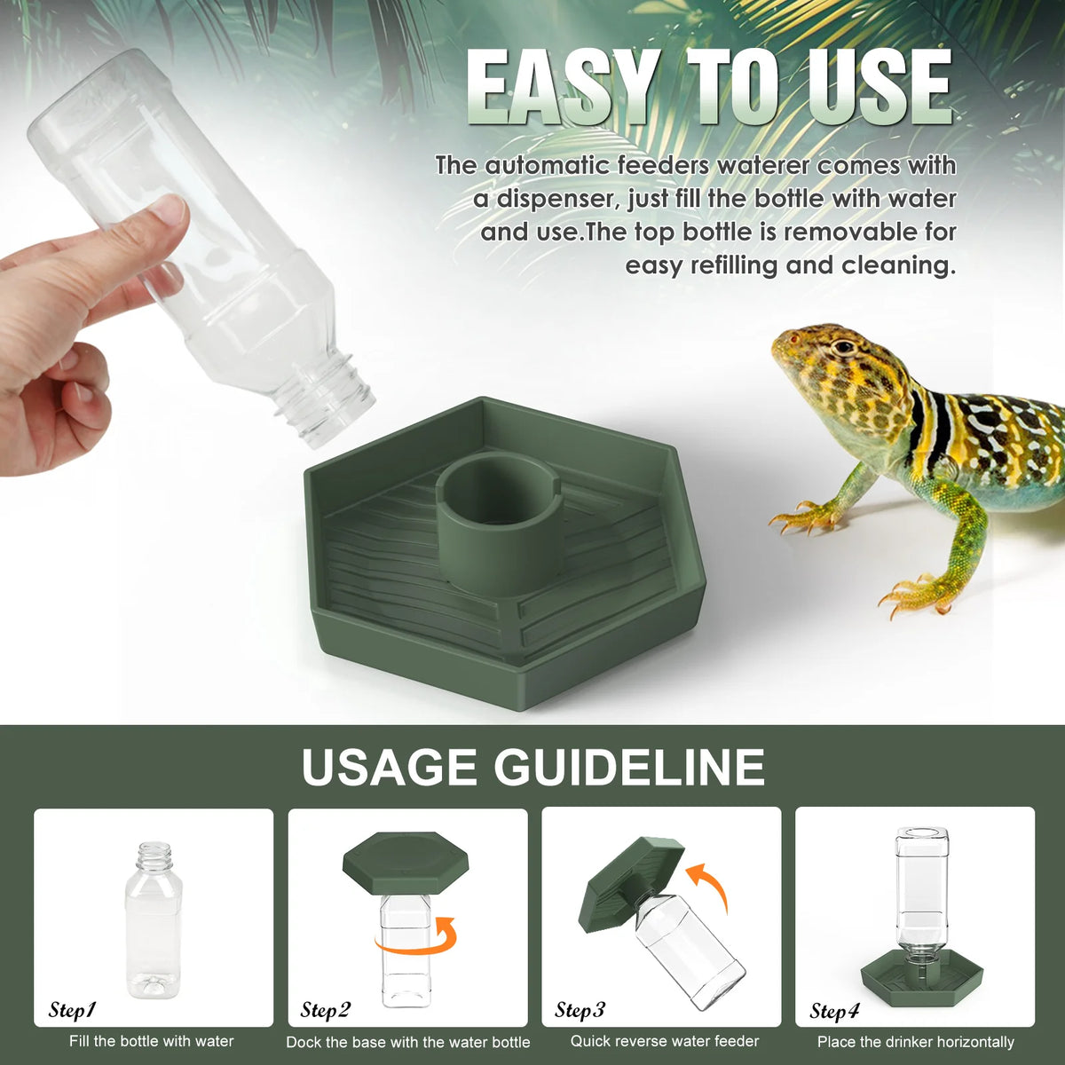 A green feeding dish and a clear water bottle are shown with instructions for using an automatic feeder.