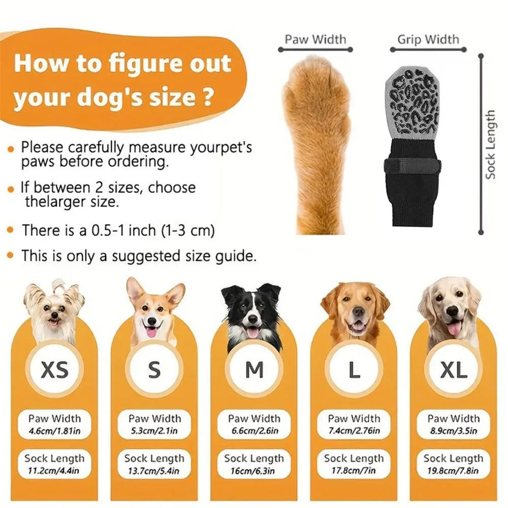 Guide showing measurements for dog socks sizes XS to XL including paw width and sock length.
