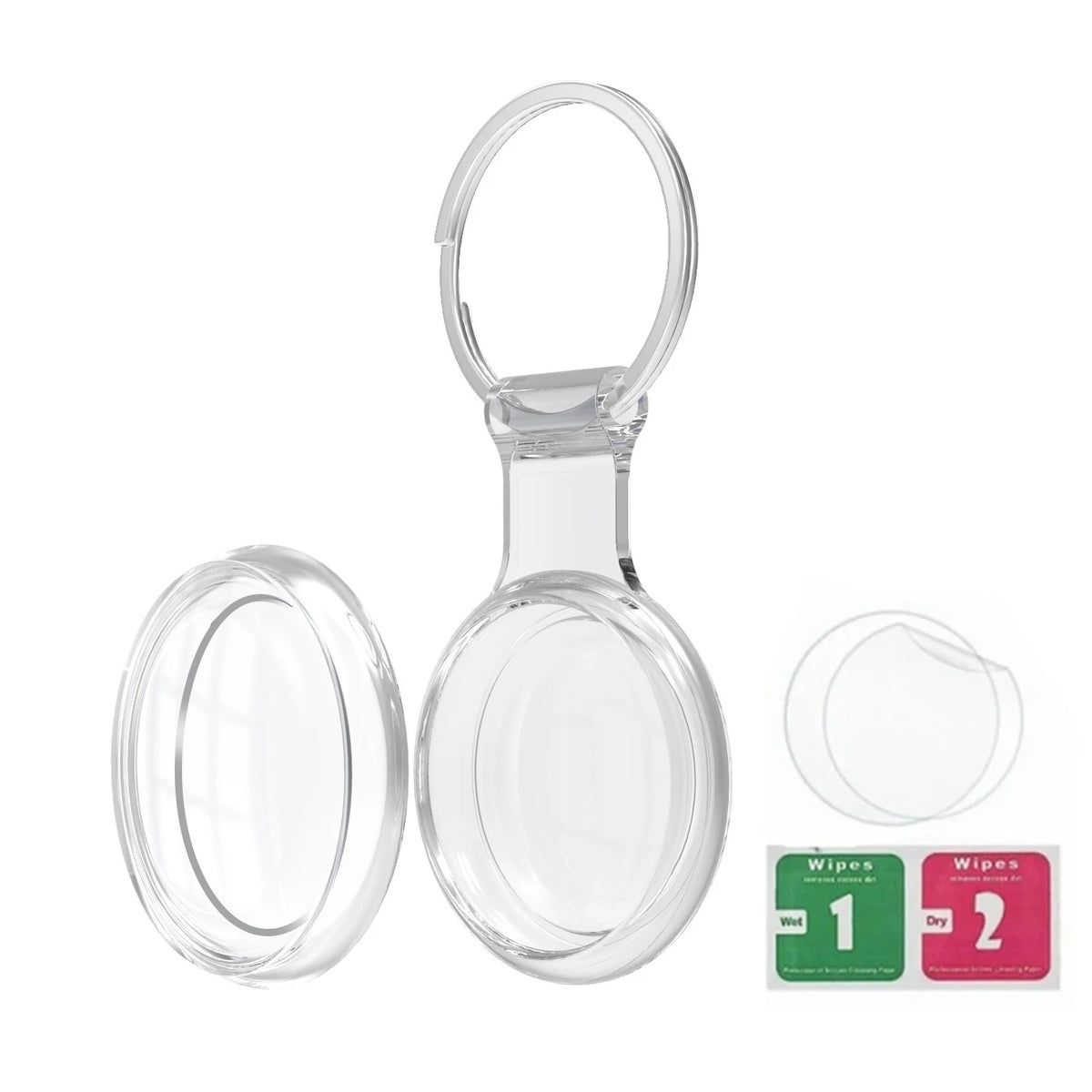 Clear silicone protective cover for an AirTag with a keychain loop and two cleaning wipes