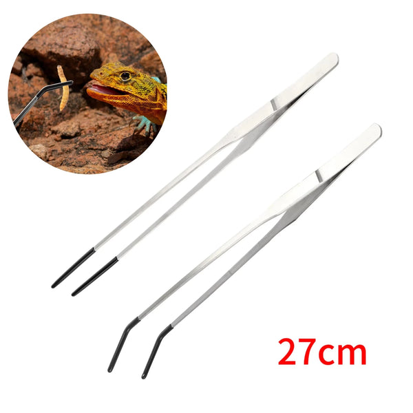 Pair of stainless steel reptile feeding tongs with rubber tips shown next to a lizard.