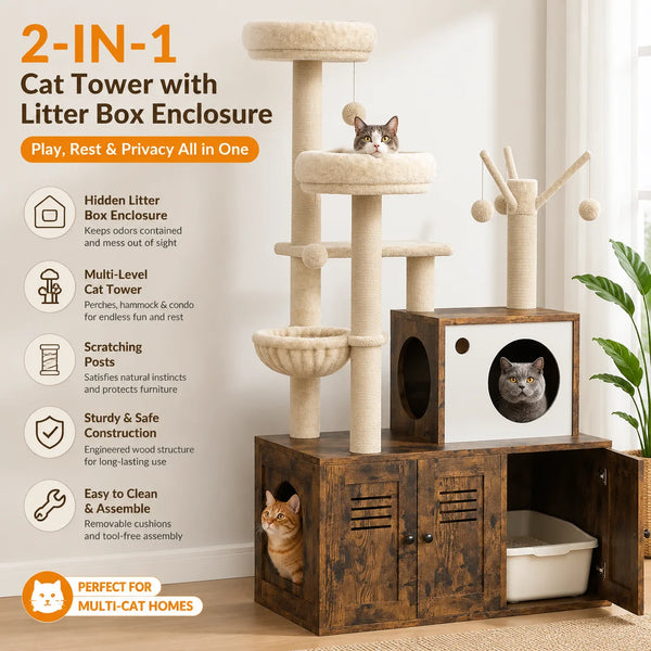 A multi-level cat tower with an integrated litter box enclosure made of light beige wood and fabric.