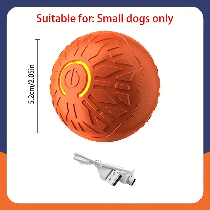 Oranger Spielball für kleine Hunde neben seinem Ladekabel