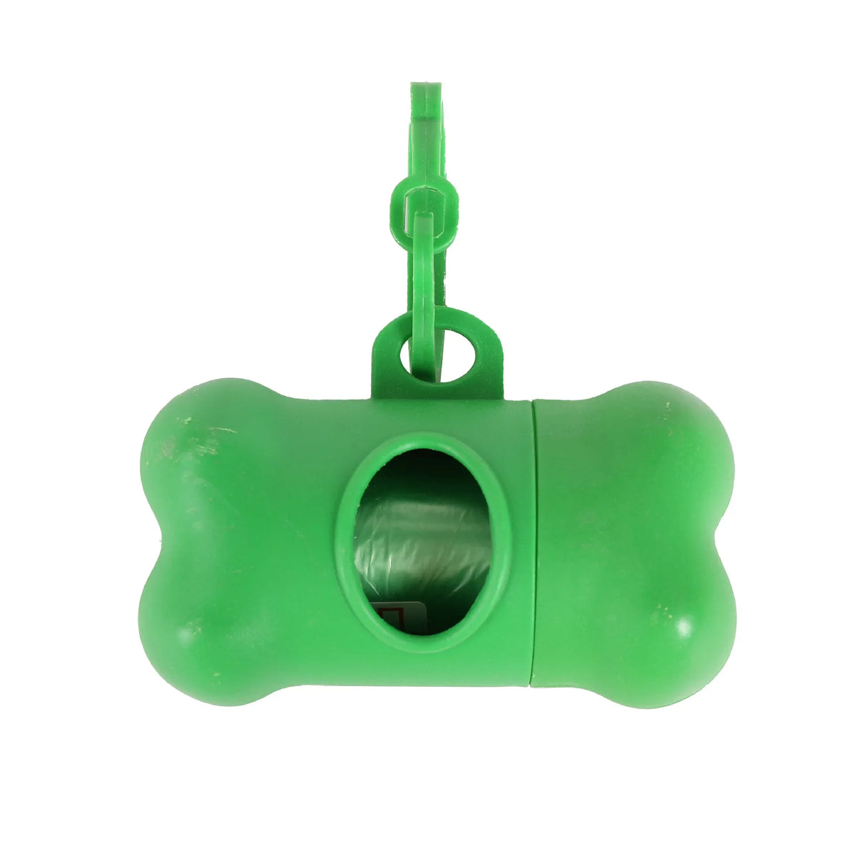Green bone-shaped dog waste bag dispenser with a clip for on-the-go cleanup