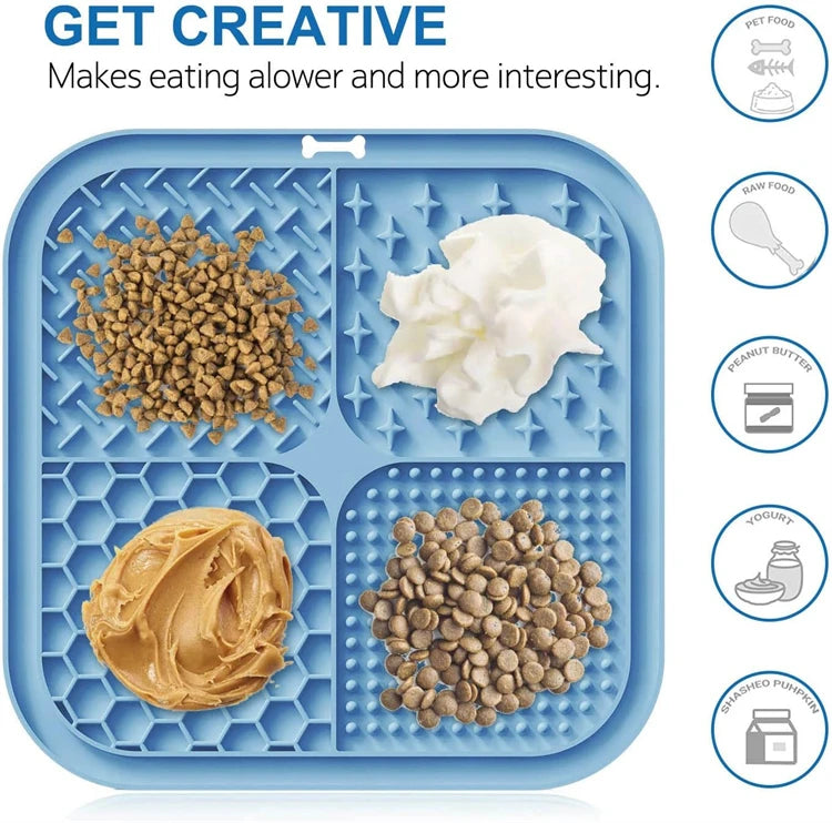 Blue silicone lick mat for pets featuring various dry foods like kibble, butter, peanut butter, and yogurt.