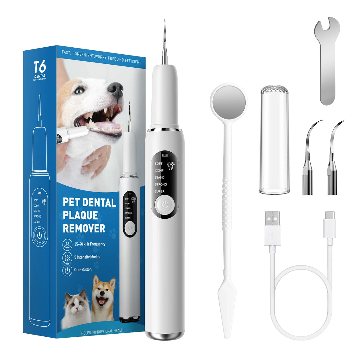 A box and various tools for a pet dental plaque remover ultrasonic cleaner, including a handheld device and cleaning tools.