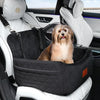 A black dog car seat with a removable cushion is placed in the back seat of a car.
