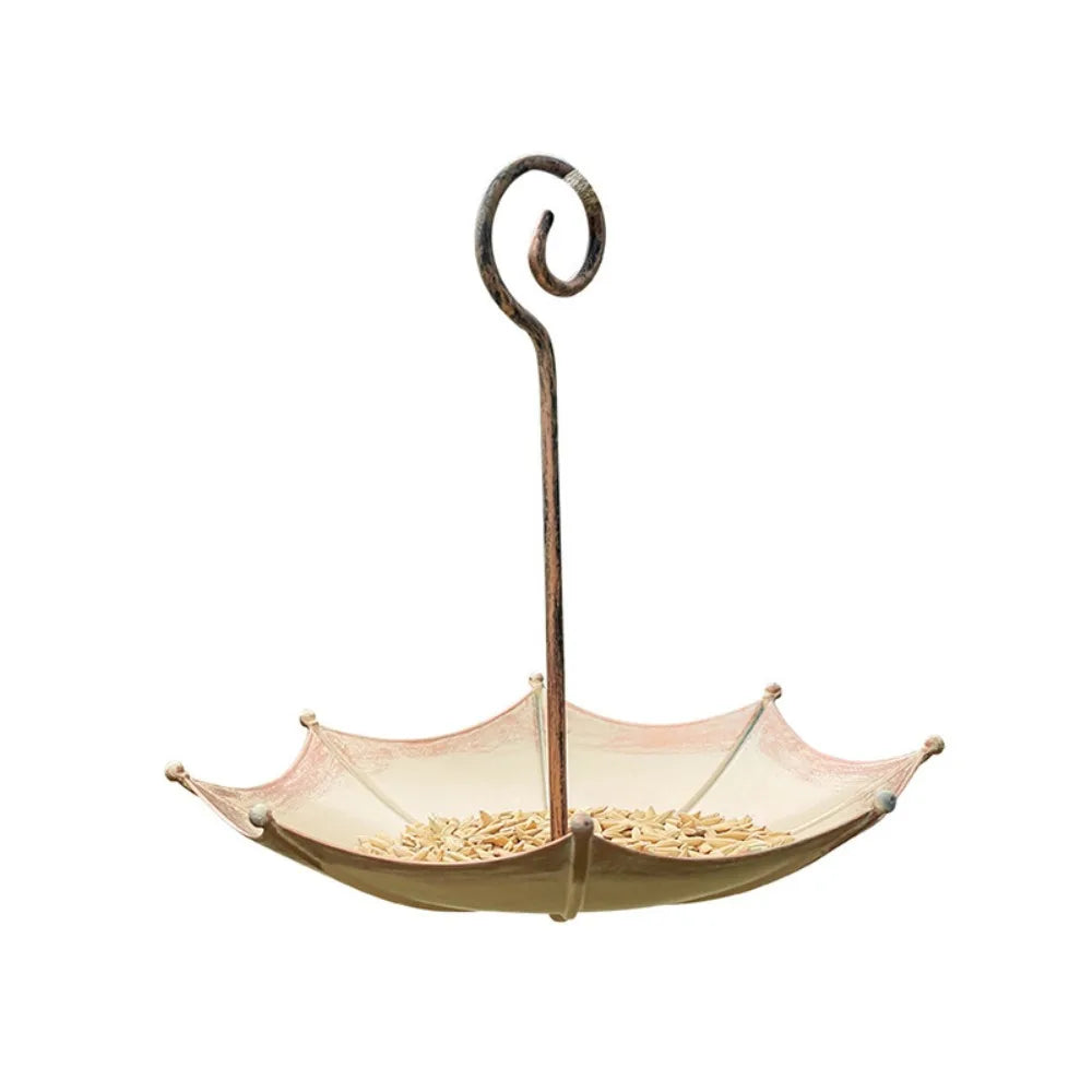An umbrella-shaped hanging bird feeder made of wire, designed for wild birds.