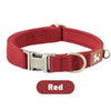 A red comfort-fit quick release dog collar with a silver buckle and a white paw print tag.