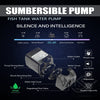 A black submersible pump for fish tank water, featuring a motor, flow valve, and various noise levels.