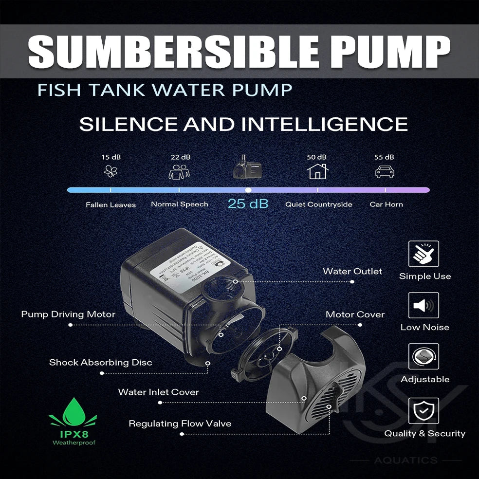 A black submersible pump for fish tank water, featuring a motor, flow valve, and various noise levels.