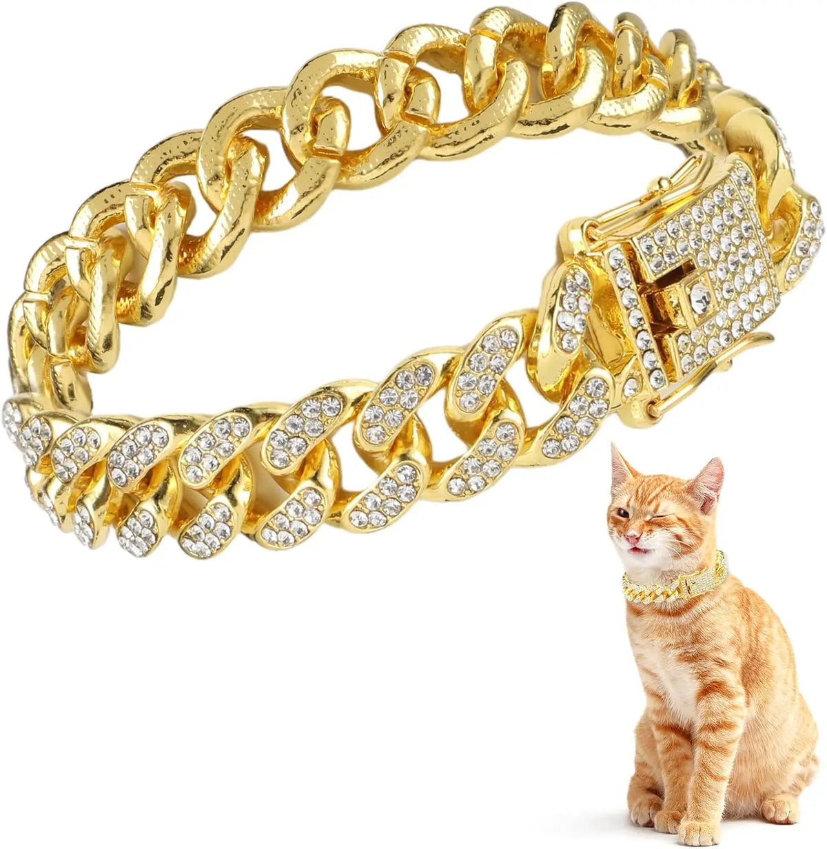 Collier de chaîne cubaine en cristal or porté par un chat tigré orange.
