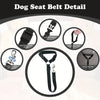 Detail view of an adjustable dog seat belt showing various buckles and leash attachments.