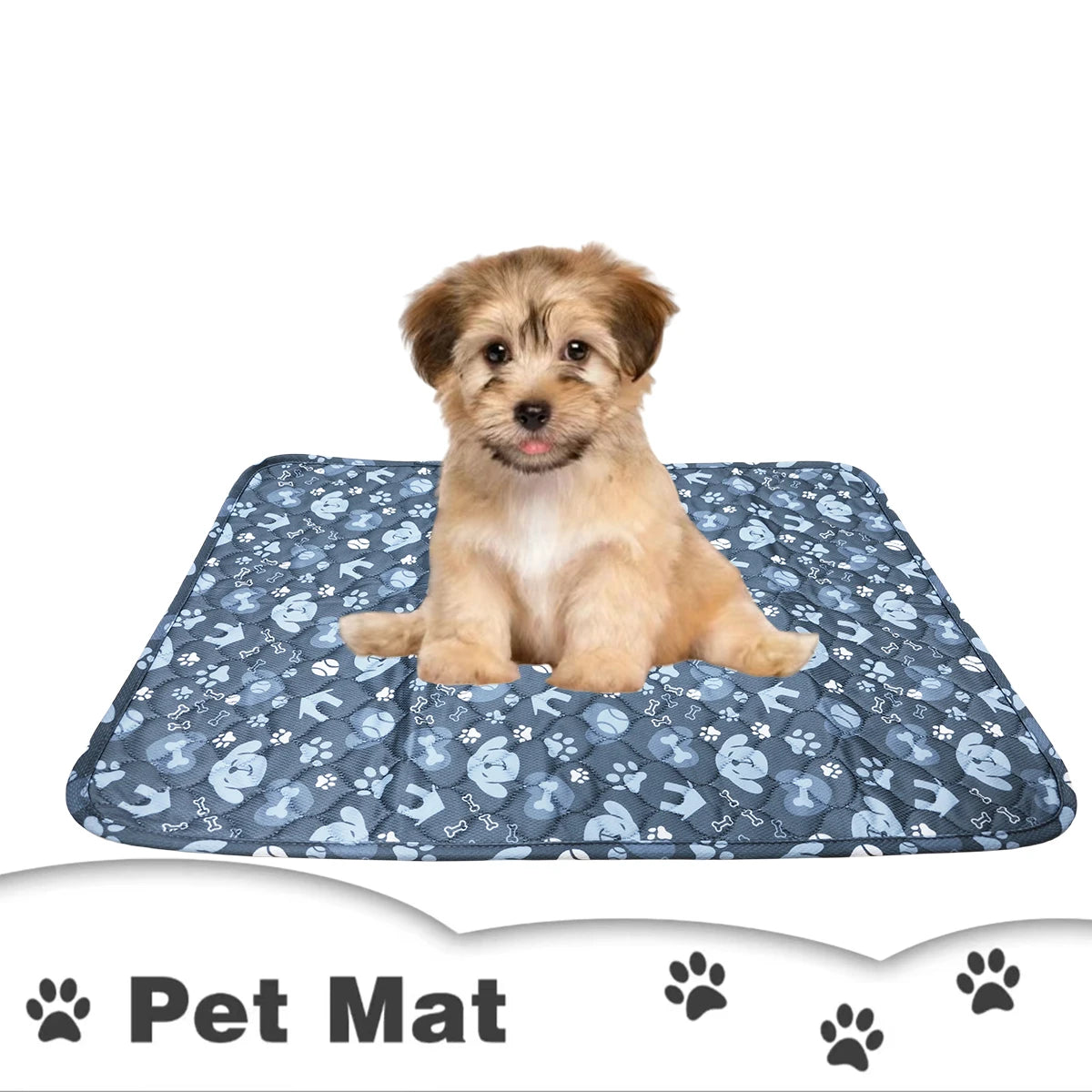 A fluffy light brown dog is lying on a blue patterned pet mat.