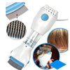 A white pet electric lice grabber comb is shown with various components and in use on hair.
