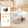 A clear glass cat drinking fountain with a metal spout is shown next to its disassembled parts.