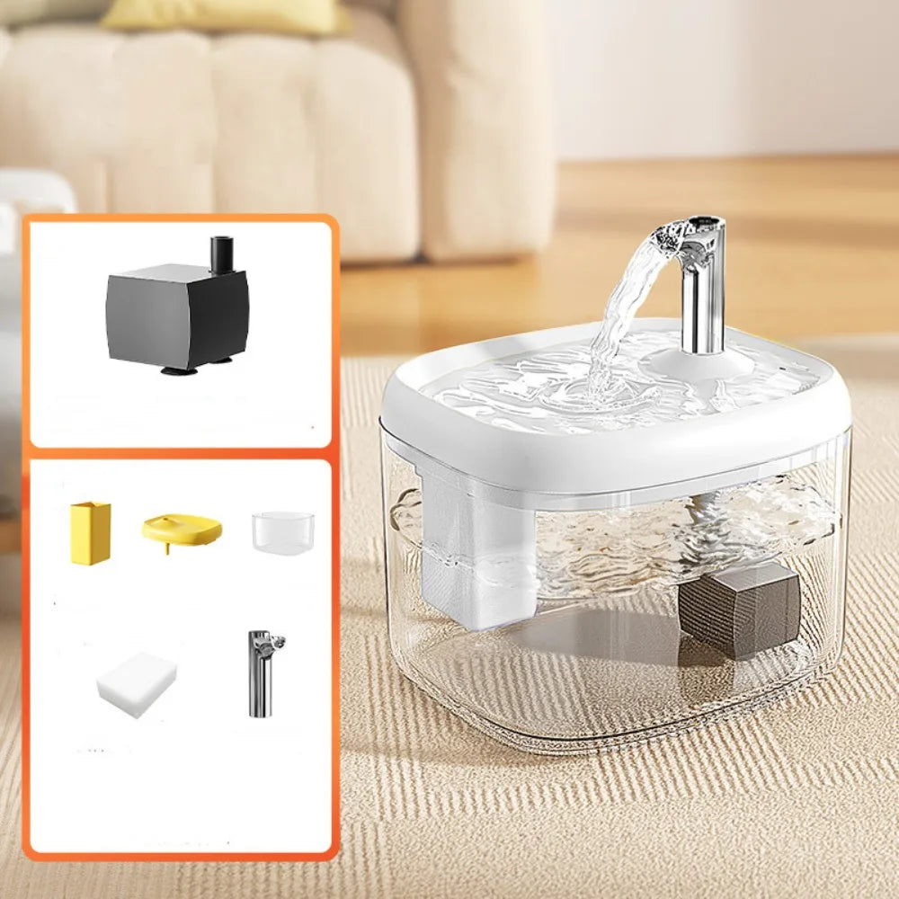 A clear glass cat drinking fountain with a metal spout is shown next to its disassembled parts.