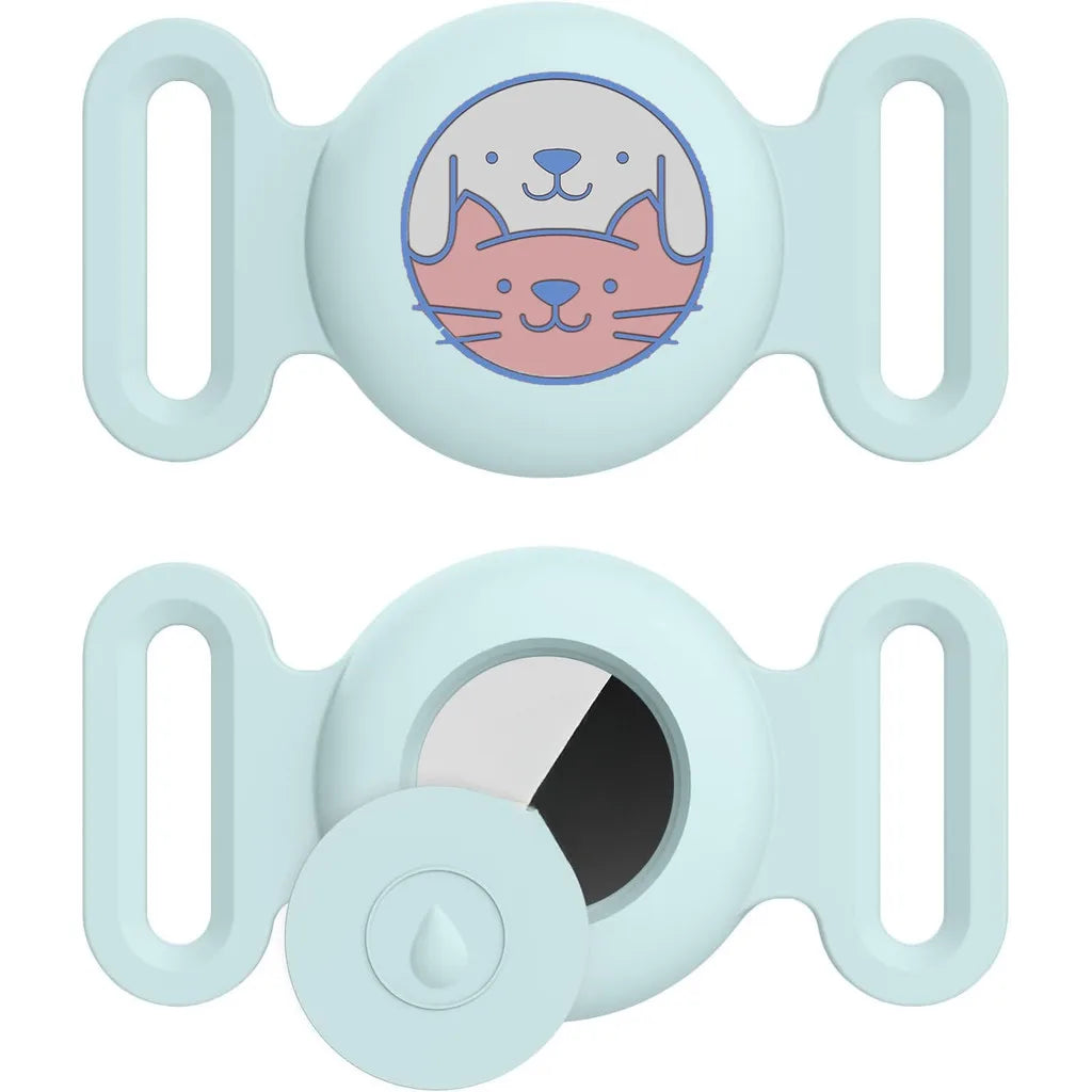 A light blue silicone airtag holder with a cat face design and a small liquid dispenser for pet collars.