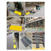 Various angles show a portable yellow and black driveway ramp used for accessibility.