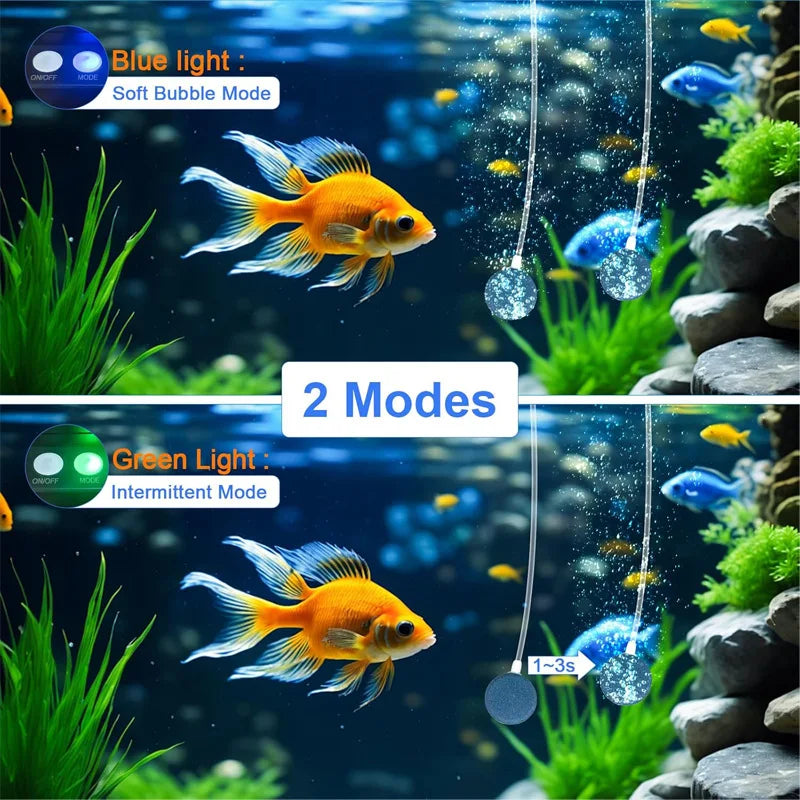 Deux modes de pompe d'aération de bassin à énergie solaire avec un poisson orange nageant dans l'eau.